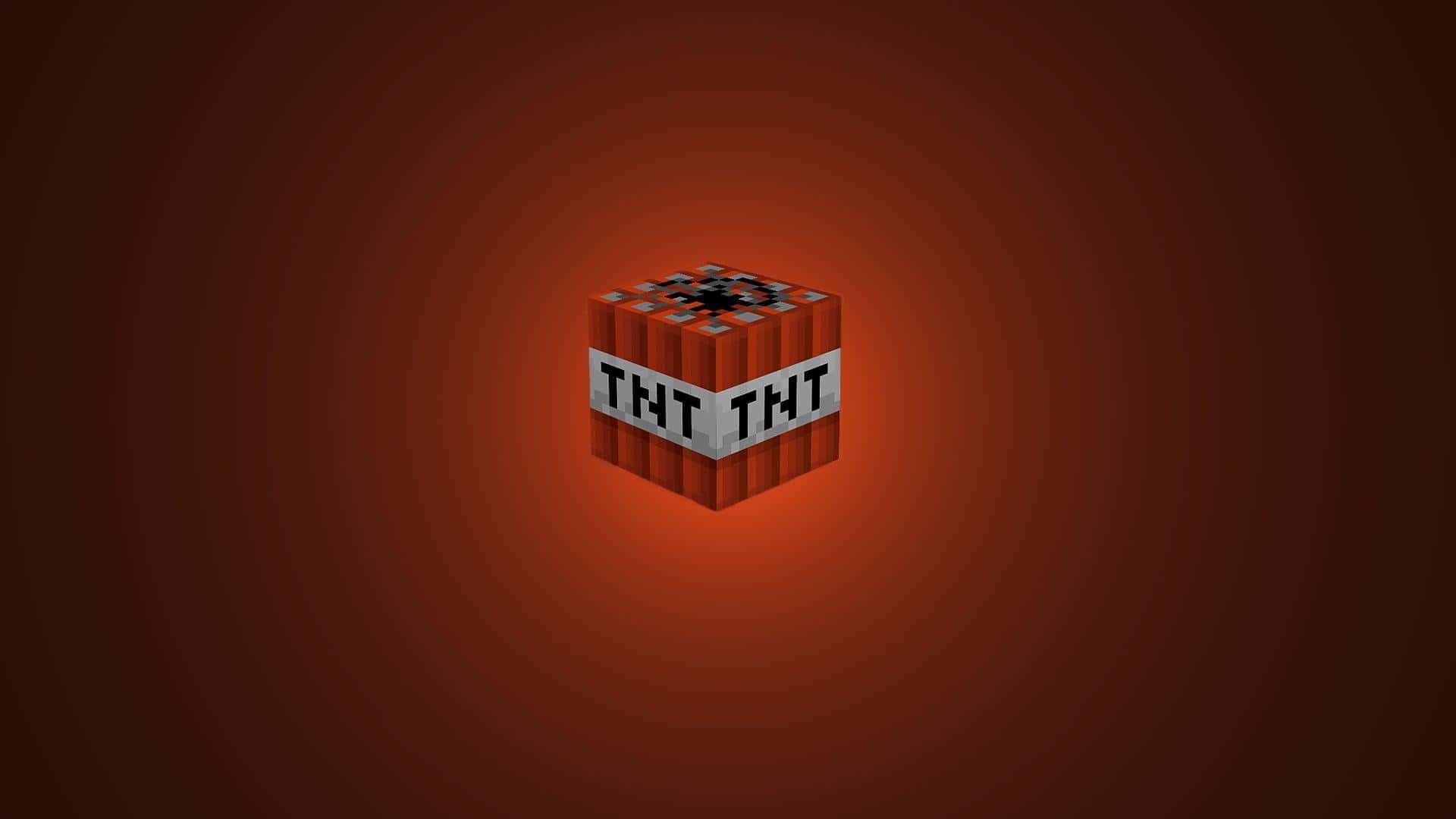 一個來自Minecraft的發光紅色像素化TNT方塊，位於深紅色漸變背景上。