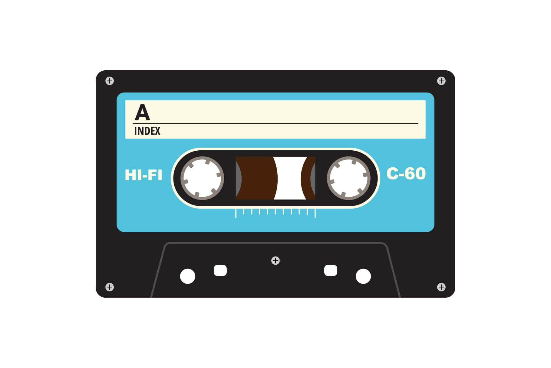 用 Mixtape 創造美好回憶 壁紙 — 一張帶有藍色標籤和黑色外殼的復古音頻卡式磁帶的平面向量插圖。