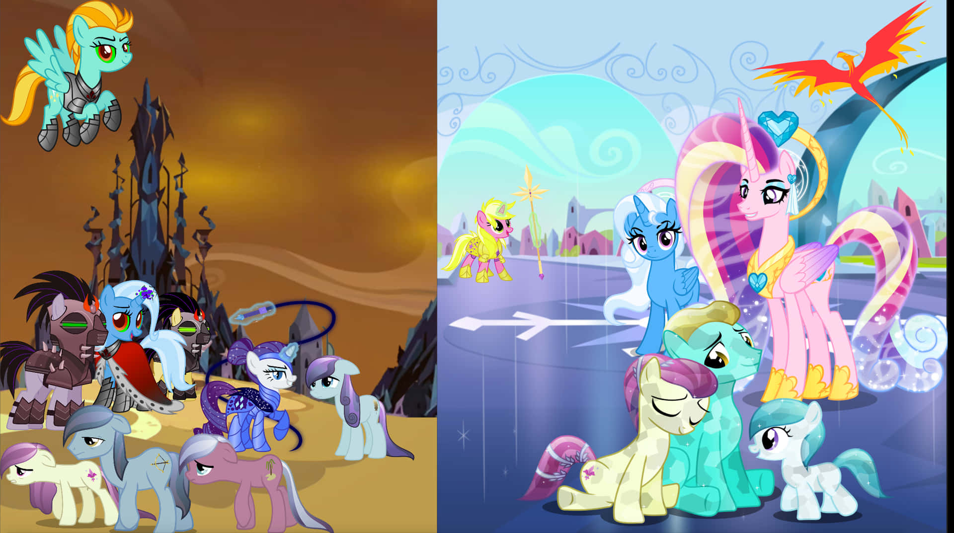 兩個My Little Pony場景：黑暗城堡反派和明亮魔法小馬與鳳凰。