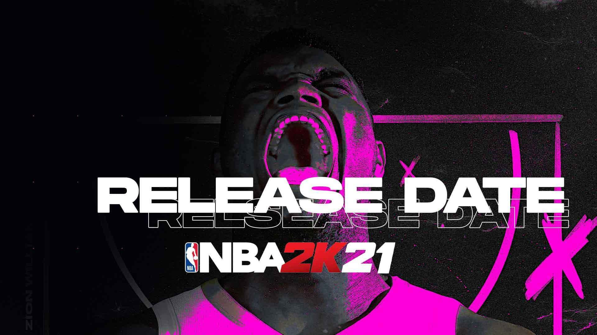 用 NBA 2K21 射球得分 — 最真實的籃球遊戲體驗 壁紙 — 一名籃球運動員在強烈的粉紅色和黑色燈光下尖叫，並帶有 'RELEASE DATE NBA 2K21' 文字疊加。