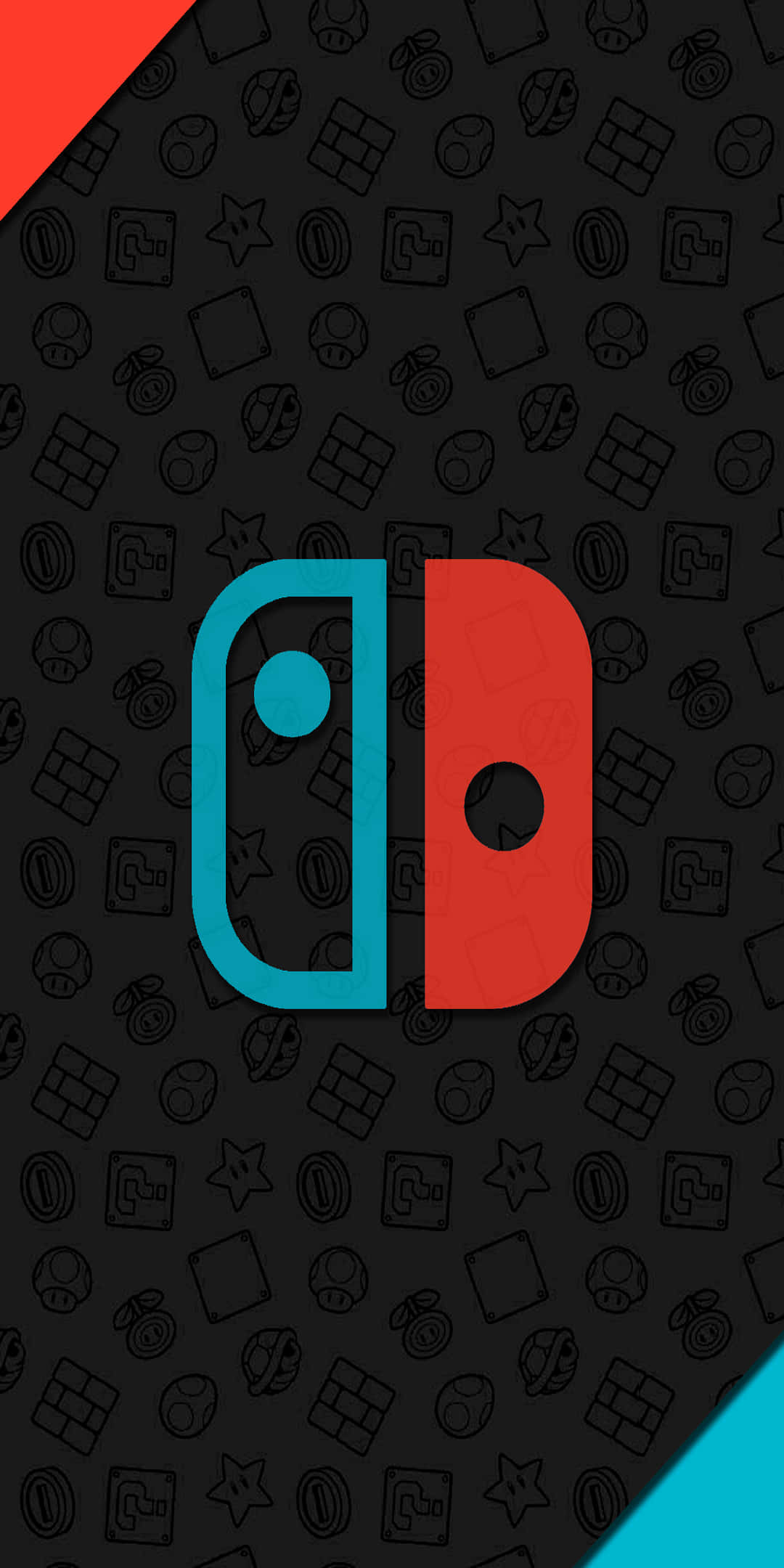 「用 Pixel 3 將遊戲提升至新境界」 壁紙 — Nintendo Switch 標誌以青綠色和紅色呈現，置中於帶有遊戲圖標圖案的黑背景上。