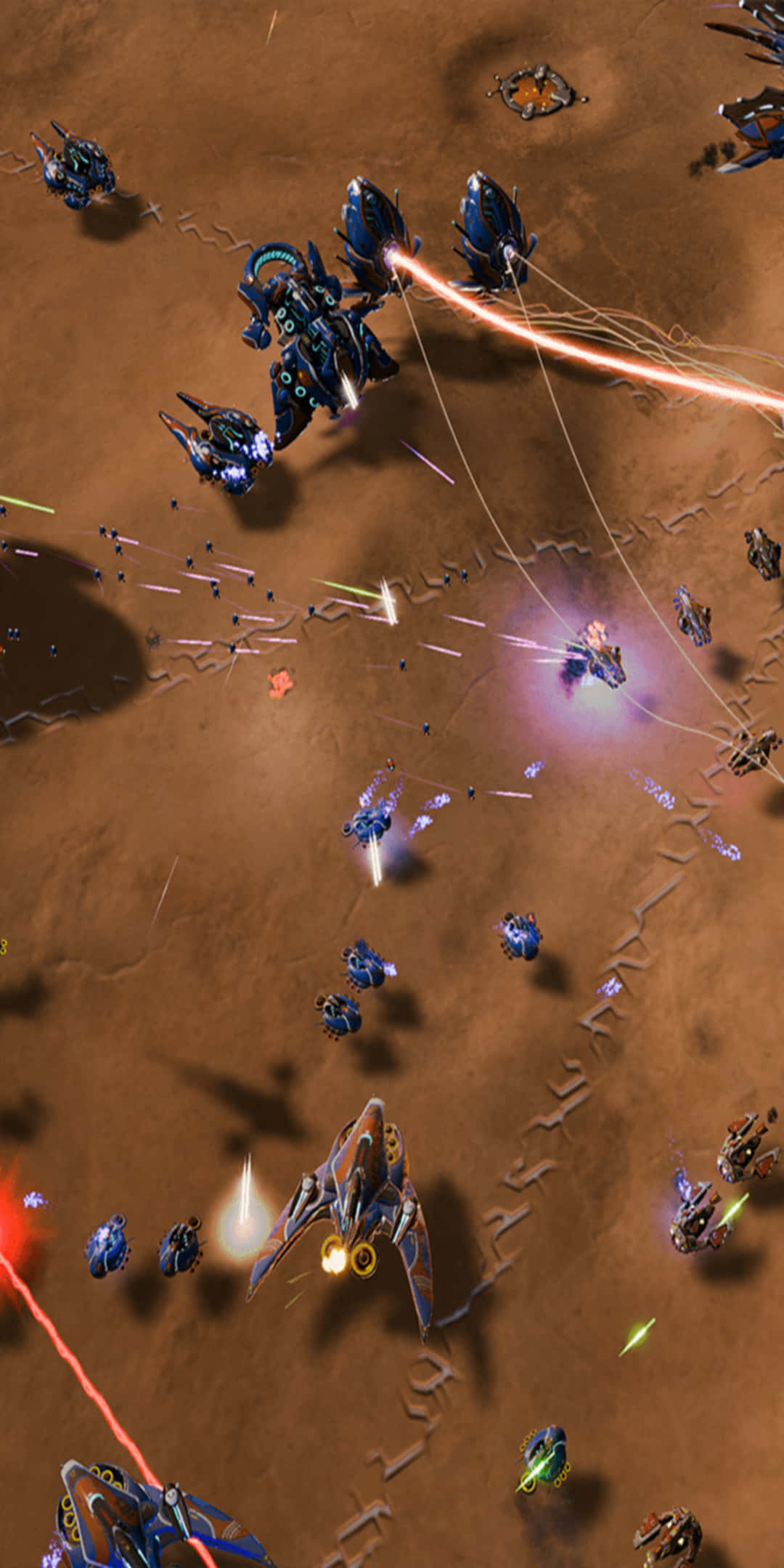 用 Pixel 3 與《Ashes Of The Singularity》享受驚艷視覺 壁紙 — 未來太空船在貧瘠的沙漠星球上戰鬥，激光火力和爆炸照亮了塵土飛揚的地形。