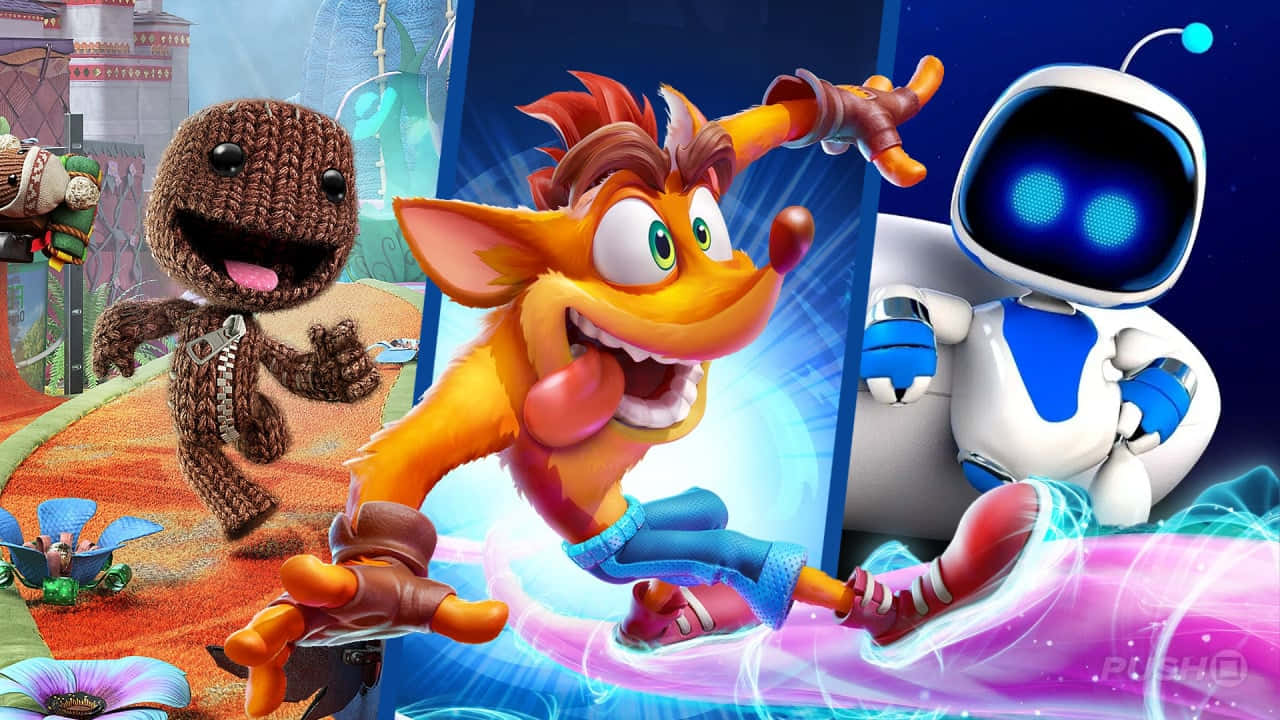 遊戲角色Crash Bandicoot、Sackboy和機械人行動中