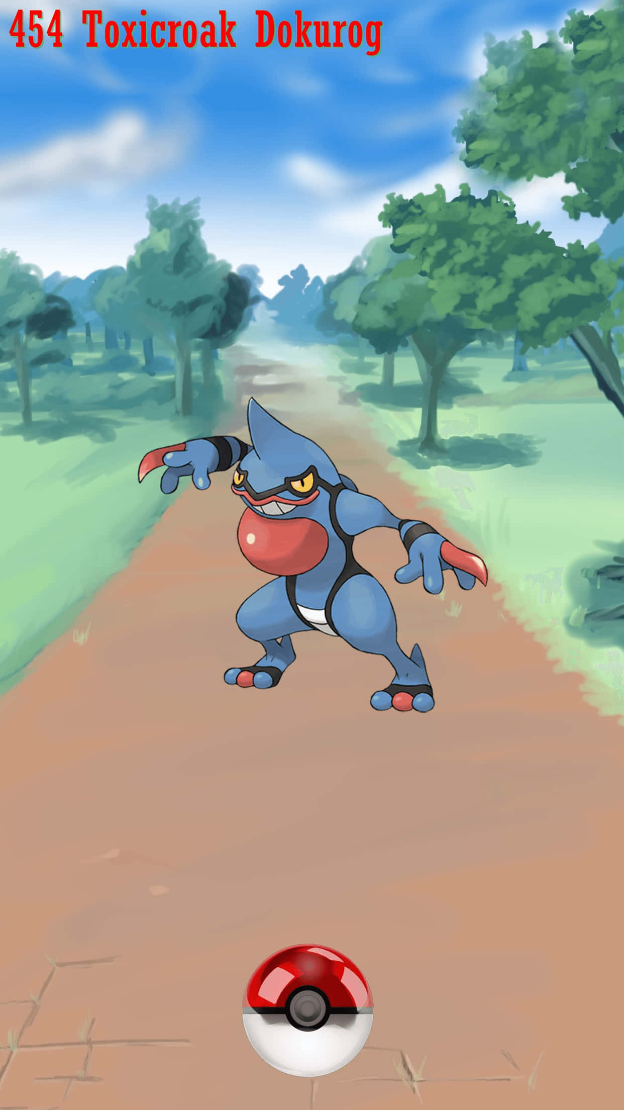 用 Pokeball 捕捉毒骷蛙 壁紙 — 一隻藍色毒骷蛙站在森林中的泥土小徑上，底部有一個精靈球。