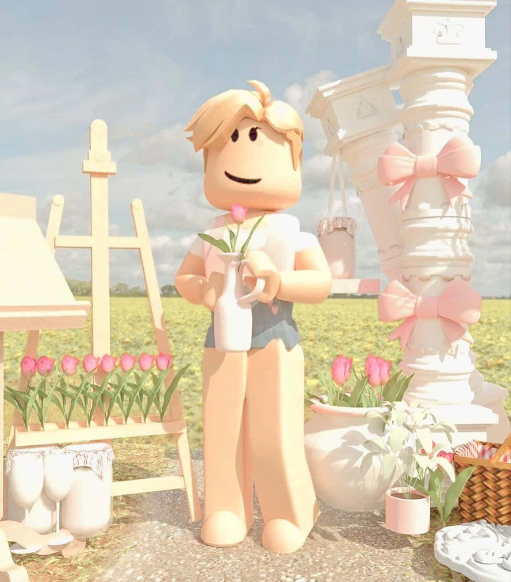 Roblox 角色在花園中手持粉紅色鬱金香，有蝴蝶結和畫架