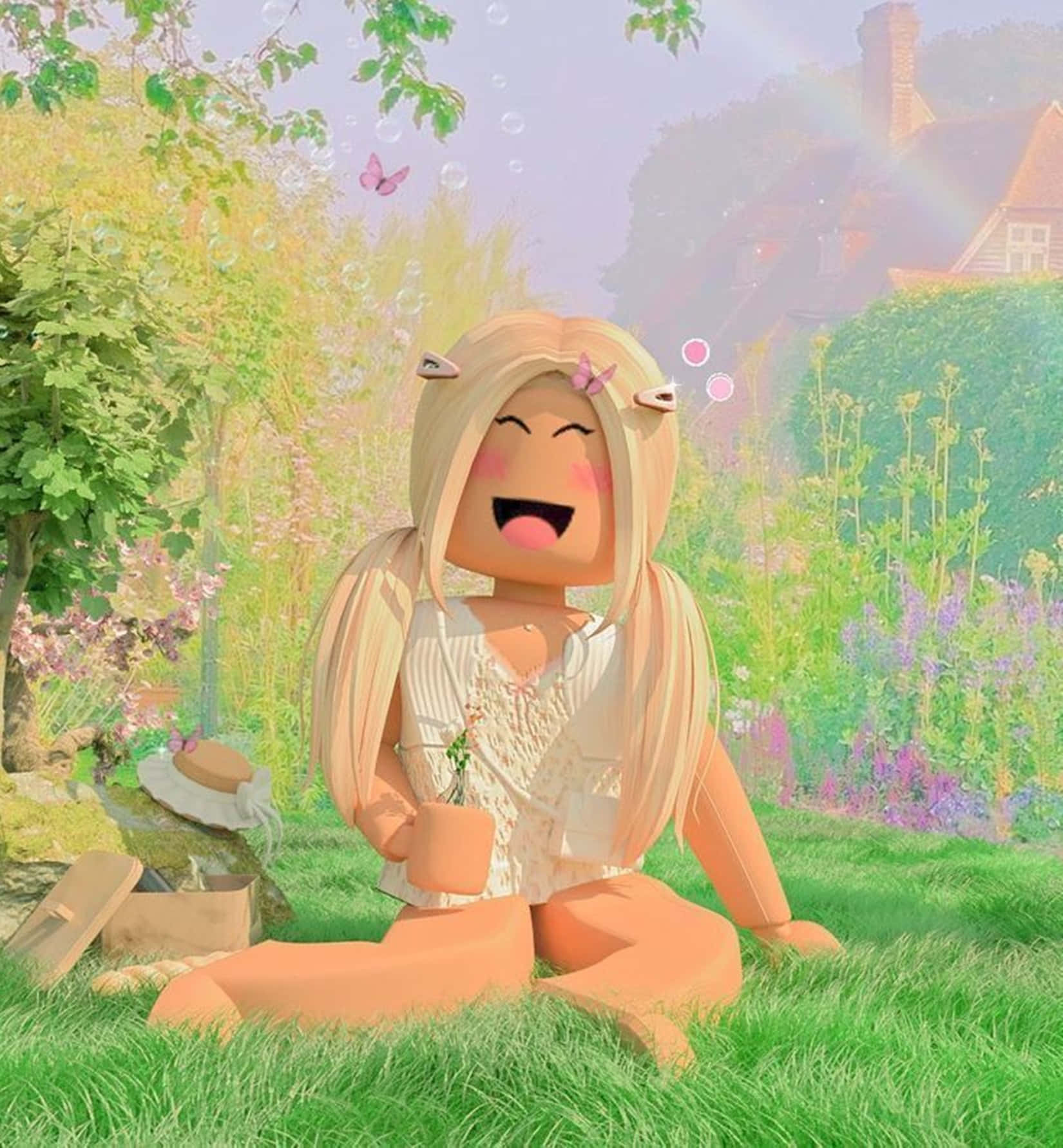 一個微笑的Roblox角色坐在色彩繽紛的花園中，有飄浮的泡泡和蝴蝶。