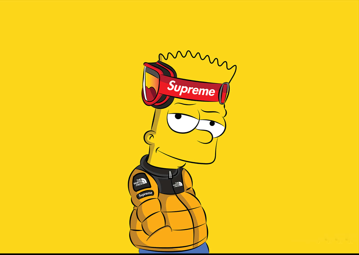 Bart Simpson 穿著黃色羽絨外套和 Supreme 護目鏡。