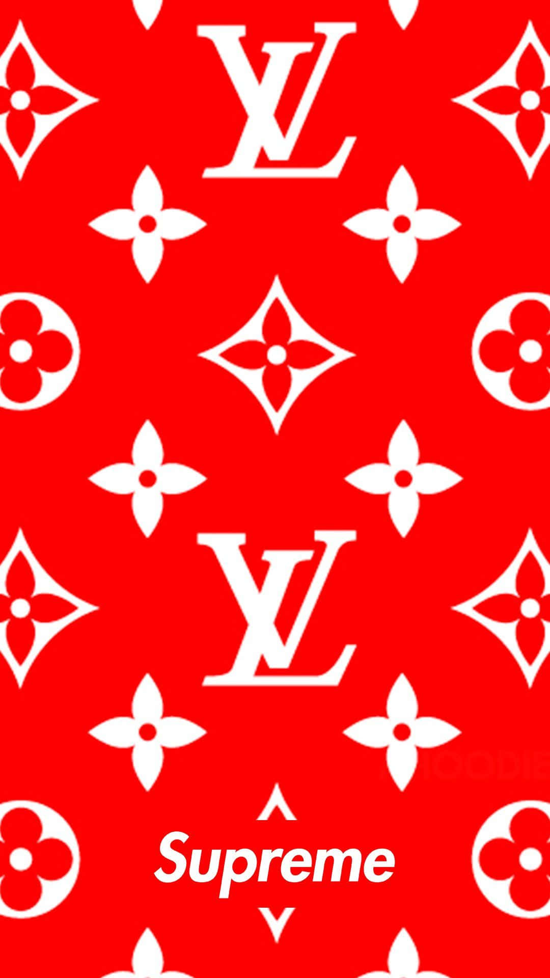 紅色背景，帶有重複圖案的白色的 Louis Vuitton 和 Supreme 標誌。