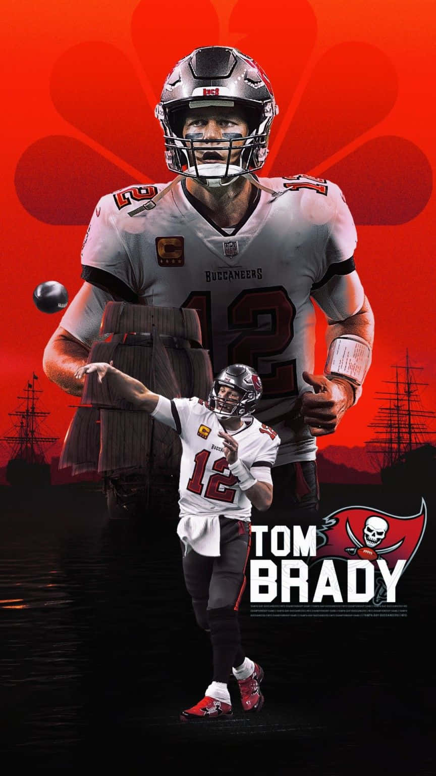 Tom Brady 身穿海盜隊制服，在火紅背景前投擲橄欖球。