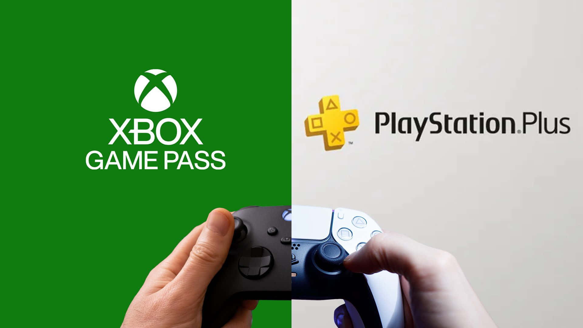 雙手緊握 Xbox 和 PlayStation 控制器，背後有品牌標誌。