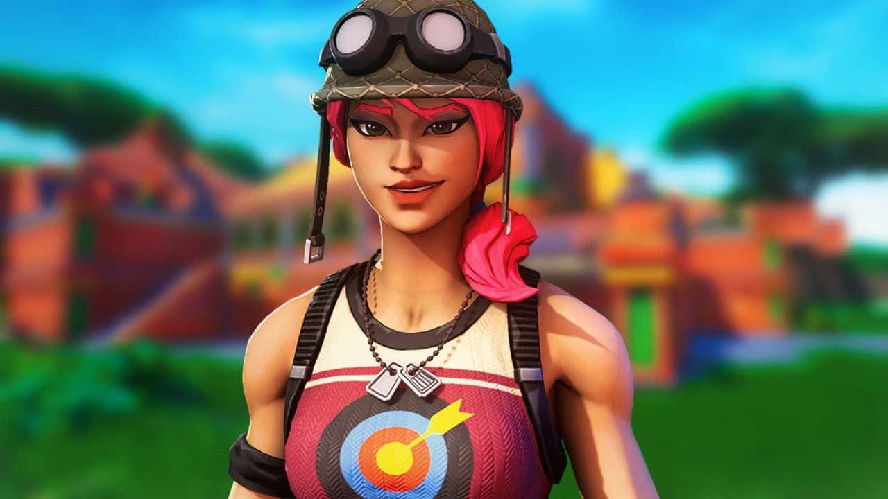 在明亮的戶外場景中，一個擁有粉紅色頭髮和護目鏡的Fortnite角色。