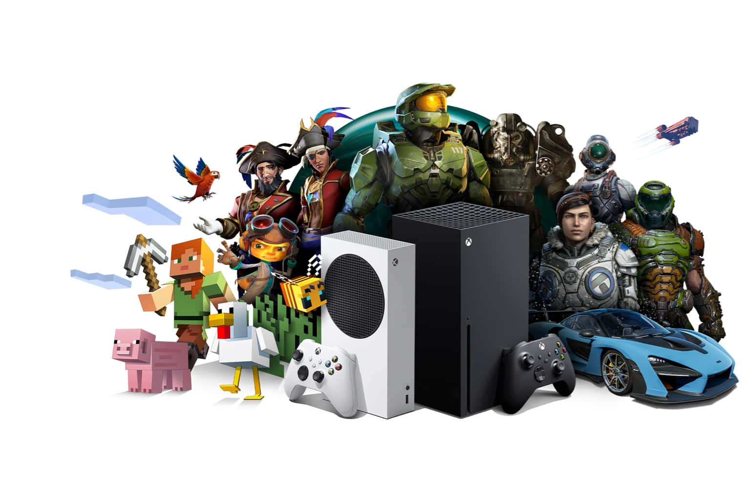Xbox 主機被熱門遊戲角色和跑車環繞。