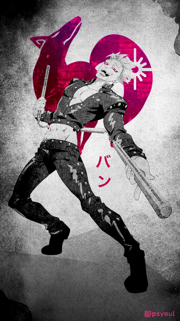 用《七宗罪》iPhone探索你最深的欲望 壁紙 — 一個風格化的動漫角色，白髮紅眼，在帶有粉紅色狼標誌的粗糙背景前揮舞球棒。