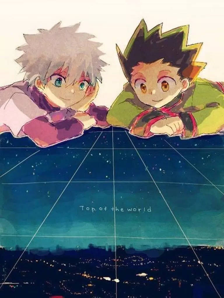 兩個動漫男孩在網格頂端微笑，俯瞰星空夜景城市。