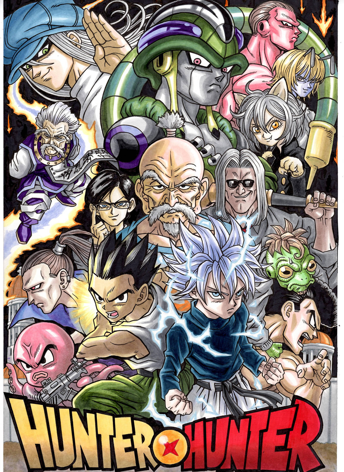 《Hunter x Hunter》動漫角色在戰鬥中，帶有電能效果。