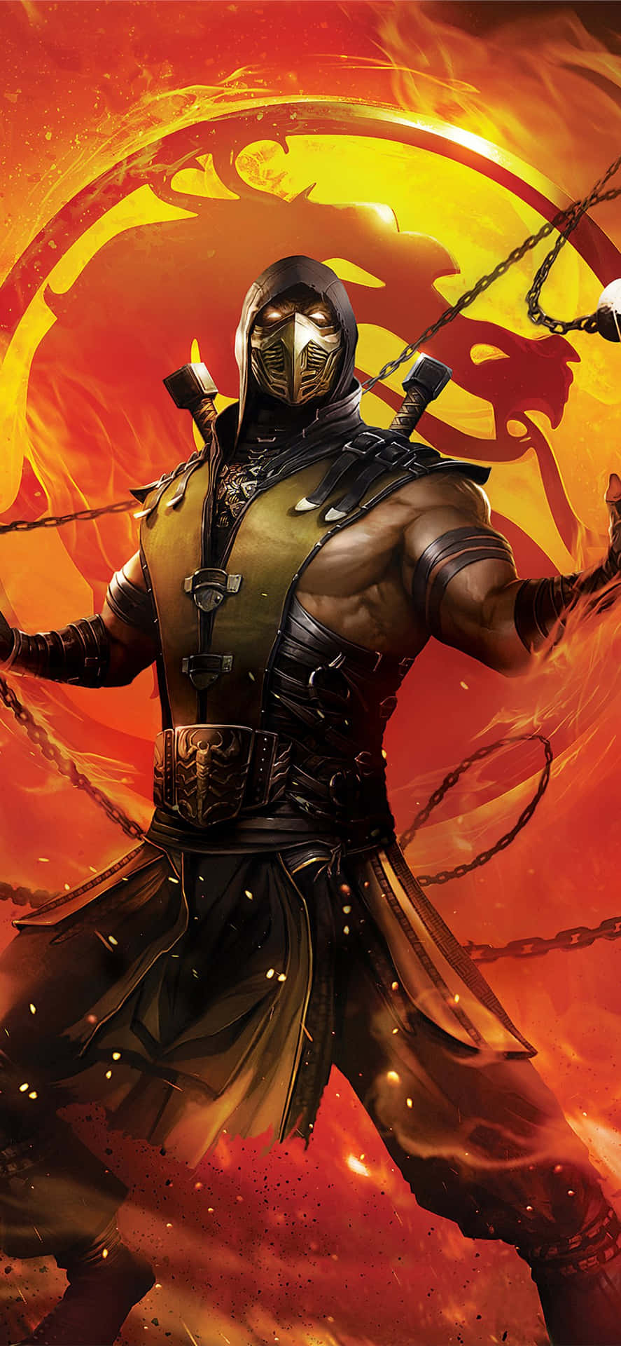 身穿黑色盔甲的Mortal Kombat戰士在熾熱背景中揮舞鎖鏈。