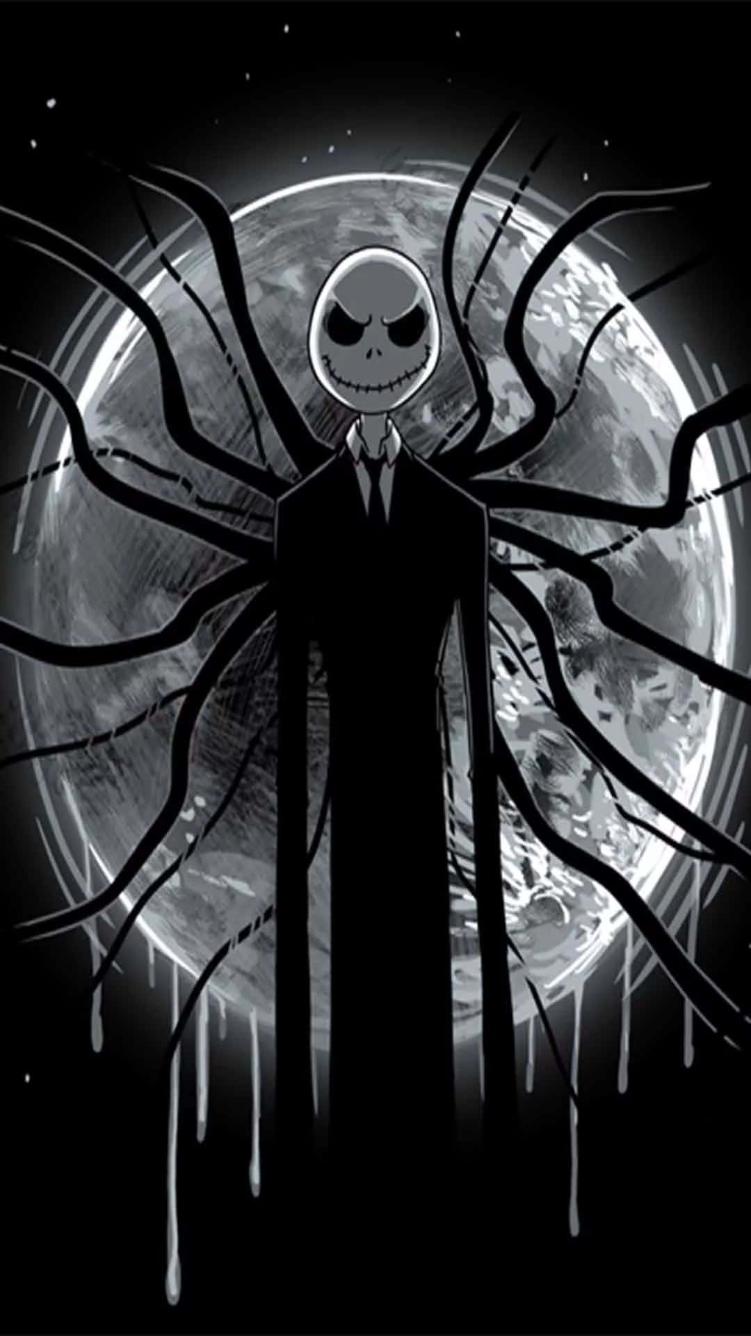 傑克·斯凱林頓（Jack Skellington）帶著蜘蛛四肢，背景是裂開的月亮。
