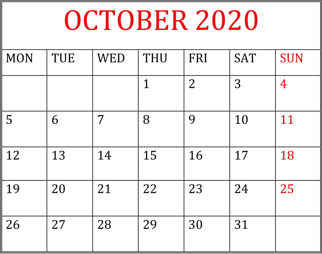 2020年10月日曆，星期日日期為紅色，平日為黑色。