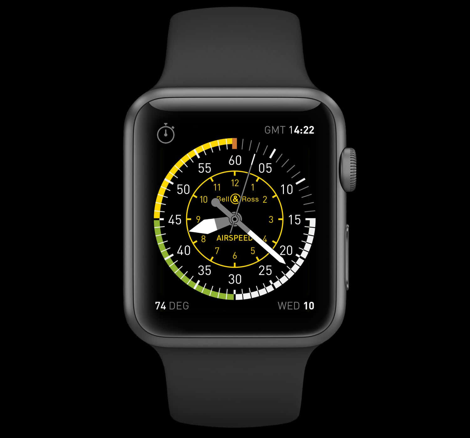 帶有數字空速錶盤的黑色Apple Watch，顯示時間和溫度。