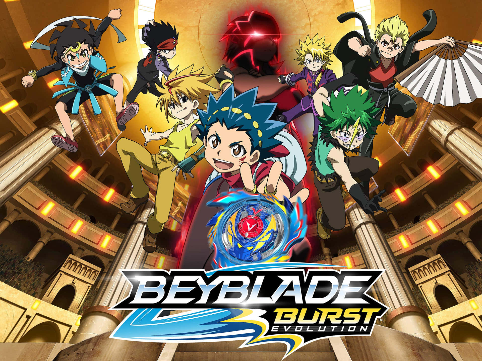 動漫角色在體育館中圍繞旋轉的 Beyblade 騰空而起。