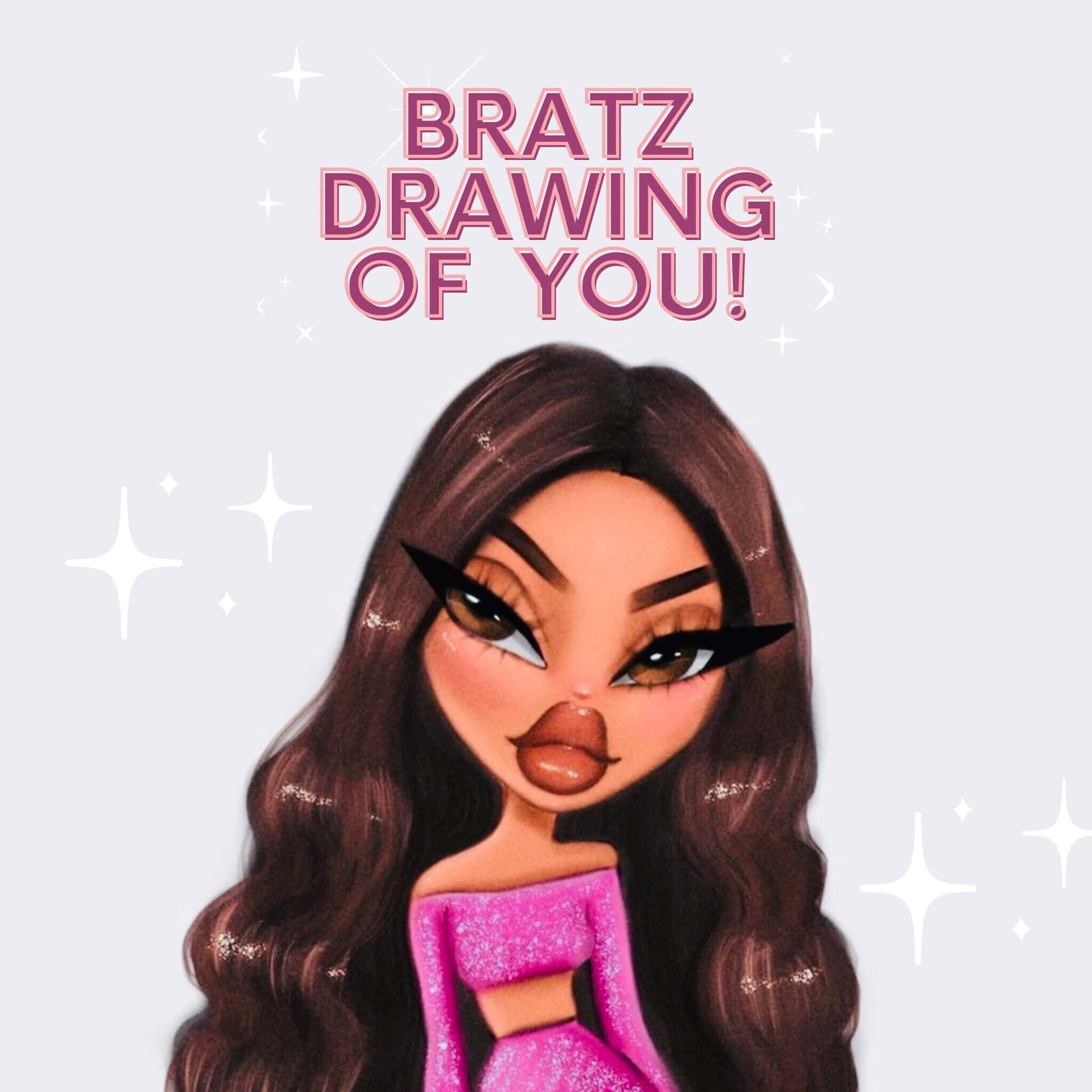 穿著粉紅色閃亮裙子的 Bratz 娃娃，周圍有閃光。