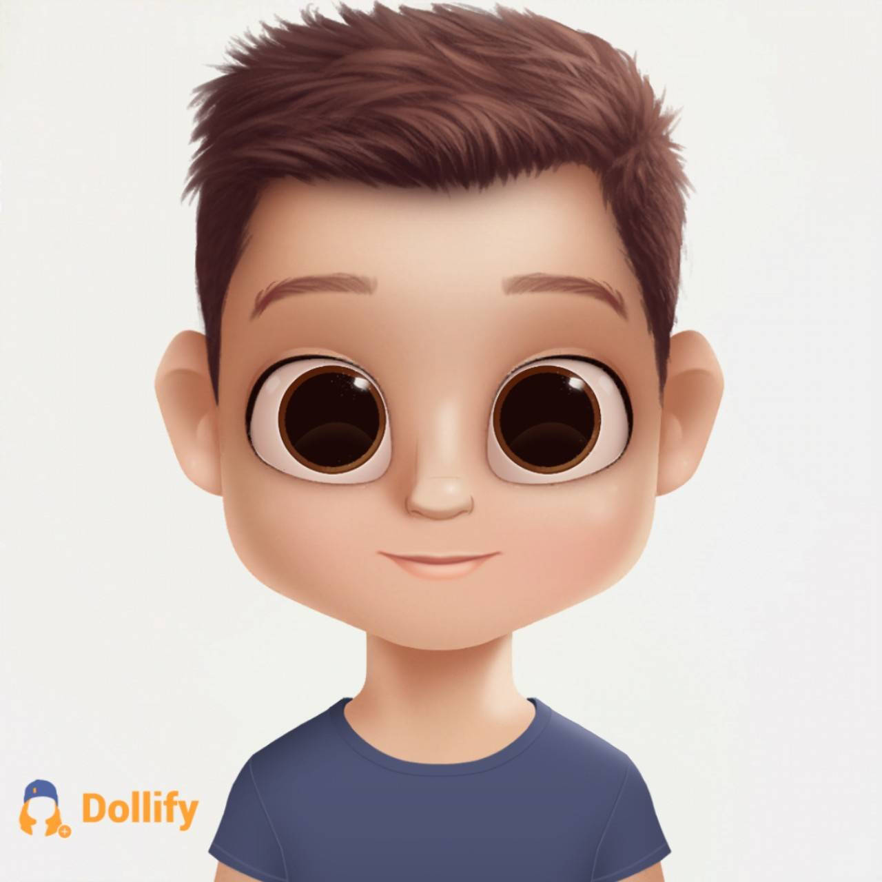 一個卡通男仔，有大嘅啡色眼睛同短啡色頭髮，著住藍色衫微笑。