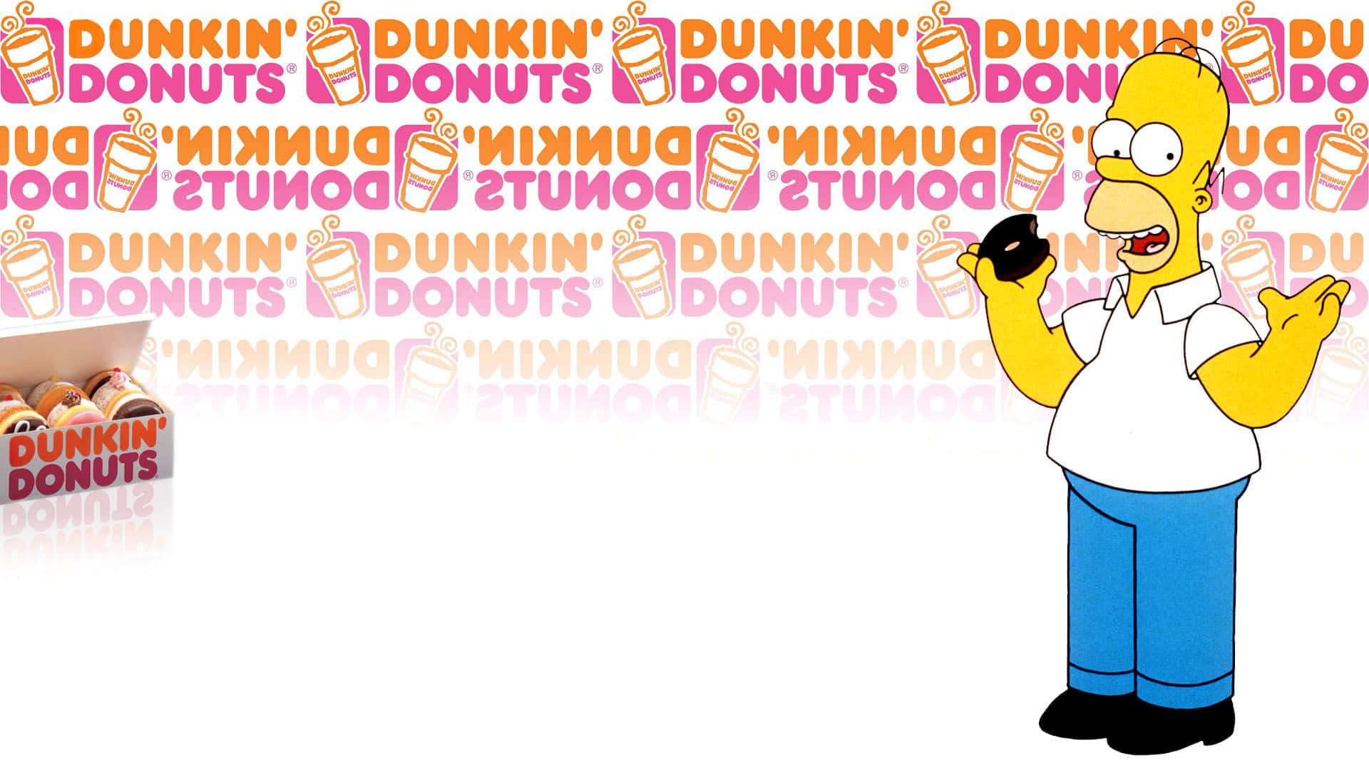 荷馬·辛普森拿著一個甜甜圈，背景有Dunkin' Donuts品牌標誌。