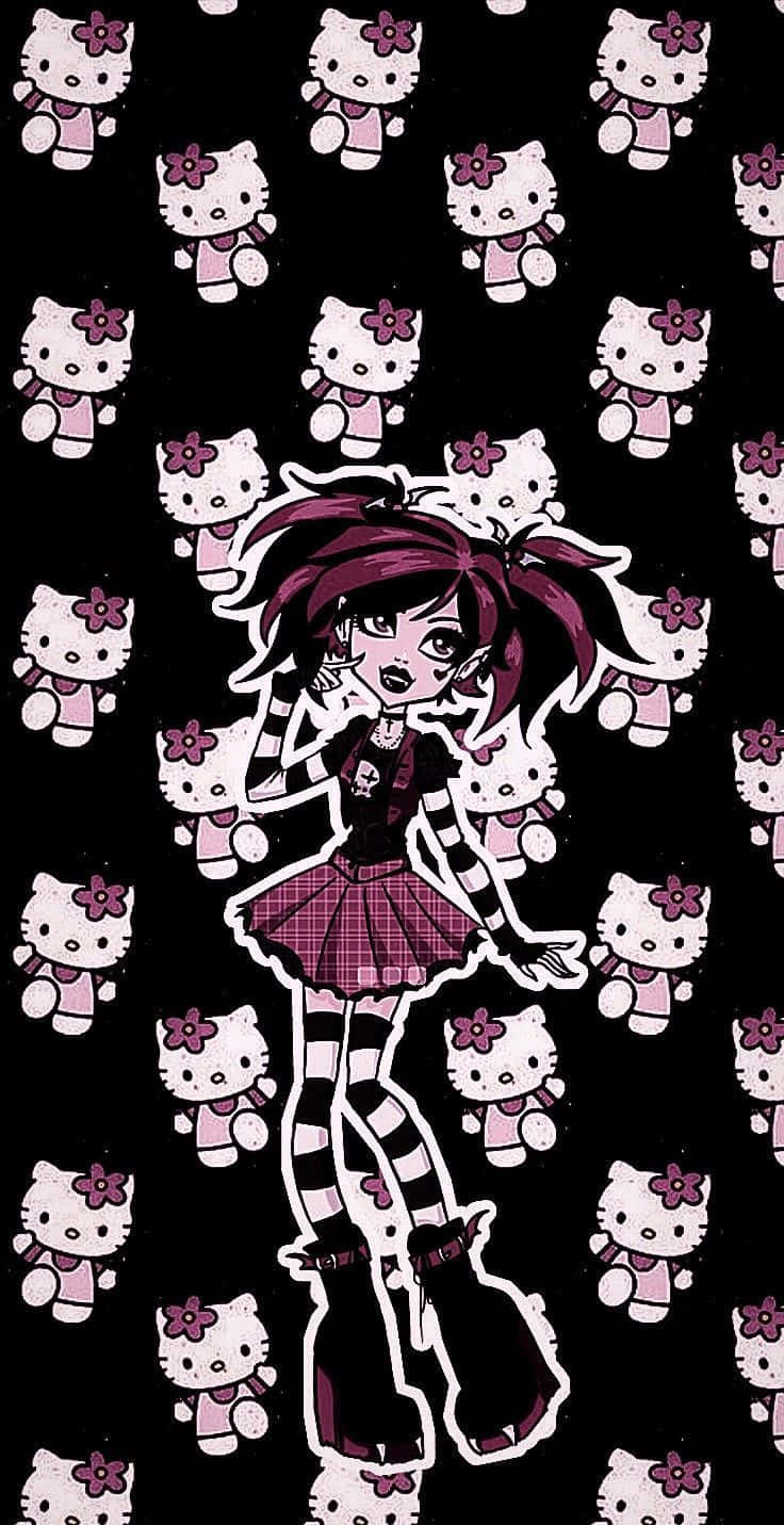 紫色頭髮和條紋服裝的哥德女孩，背景為Hello Kitty圖案。