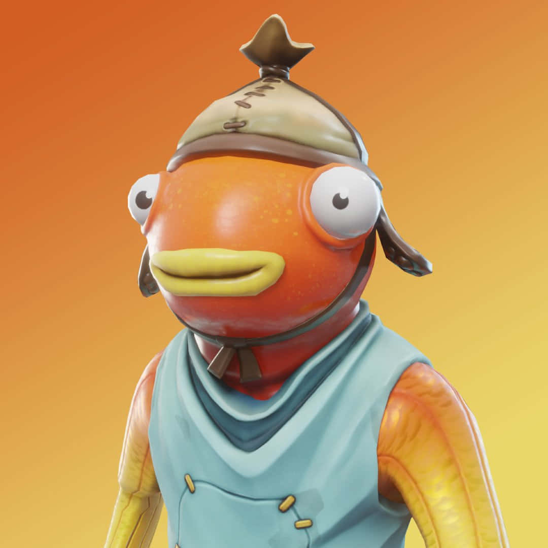用Fortnite的絕妙風味滿足你的Fishstick渴望 壁紙 — 一個卡通風格的橙色魚角色，有大眼睛和戴著帽子，站在溫暖的漸變背景前。