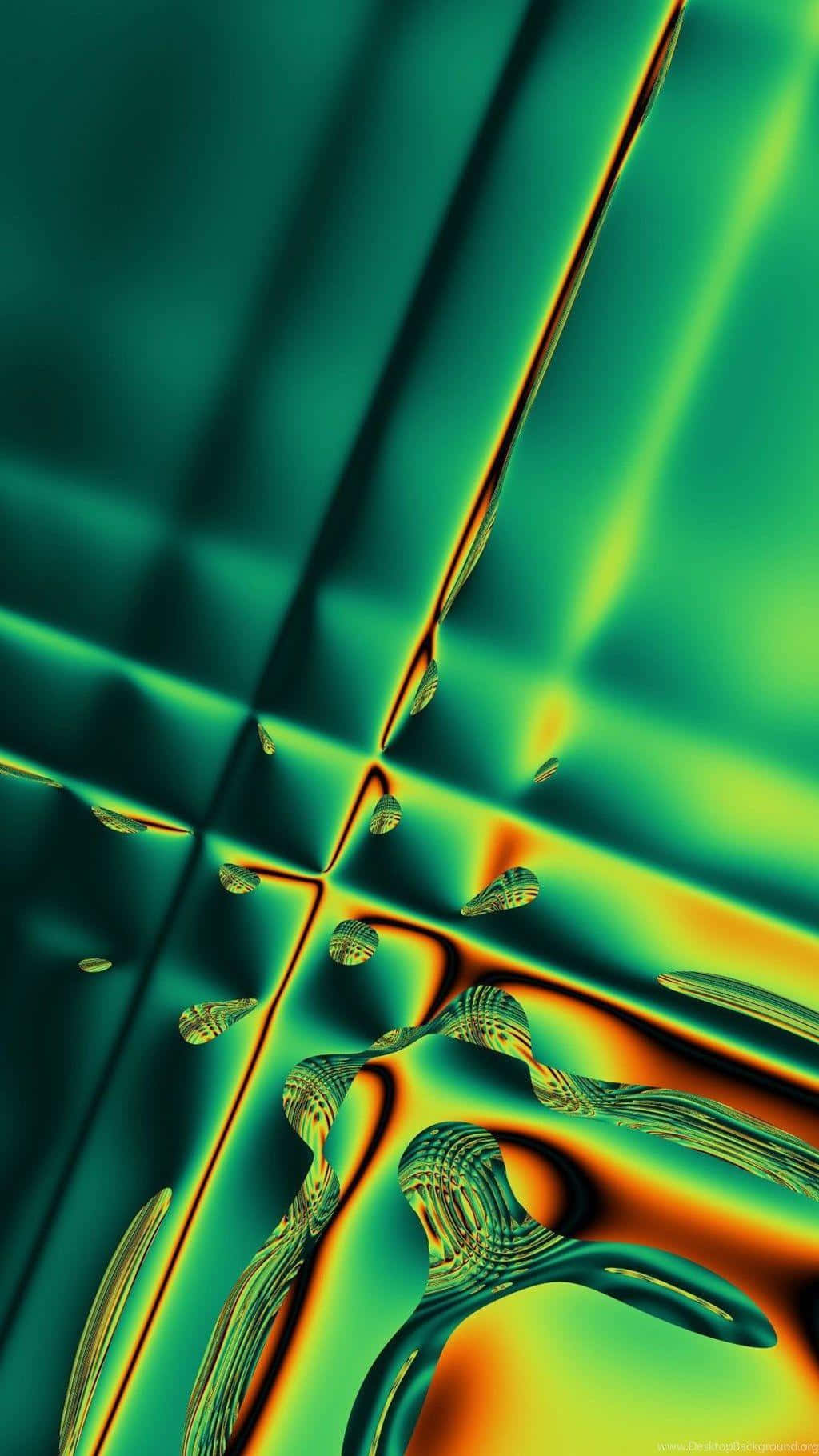 抽象數位藝術作品，帶有流動的綠色和橙色漸變以及發光的形狀。