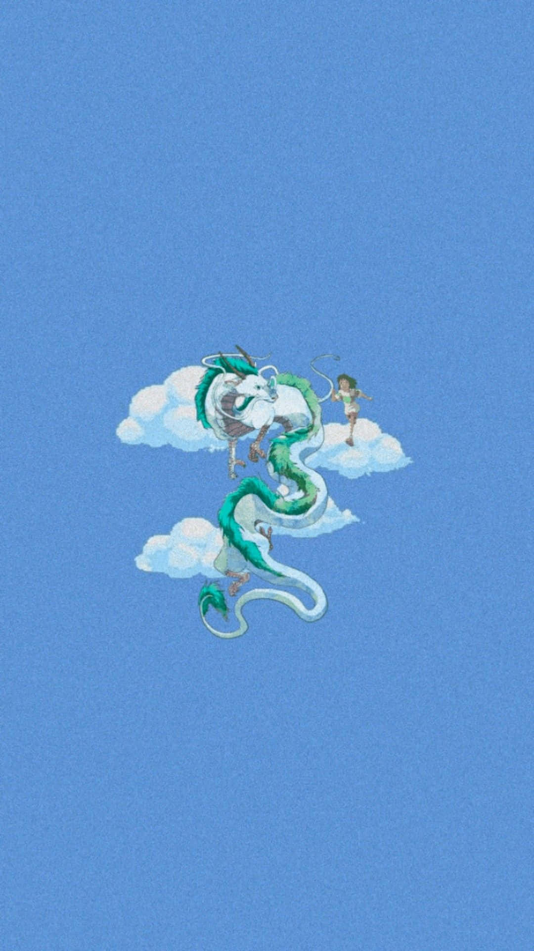 一條綠色和白色的龍在藍天下的雲朵上頑皮地蜷曲，附近有一個小孩。