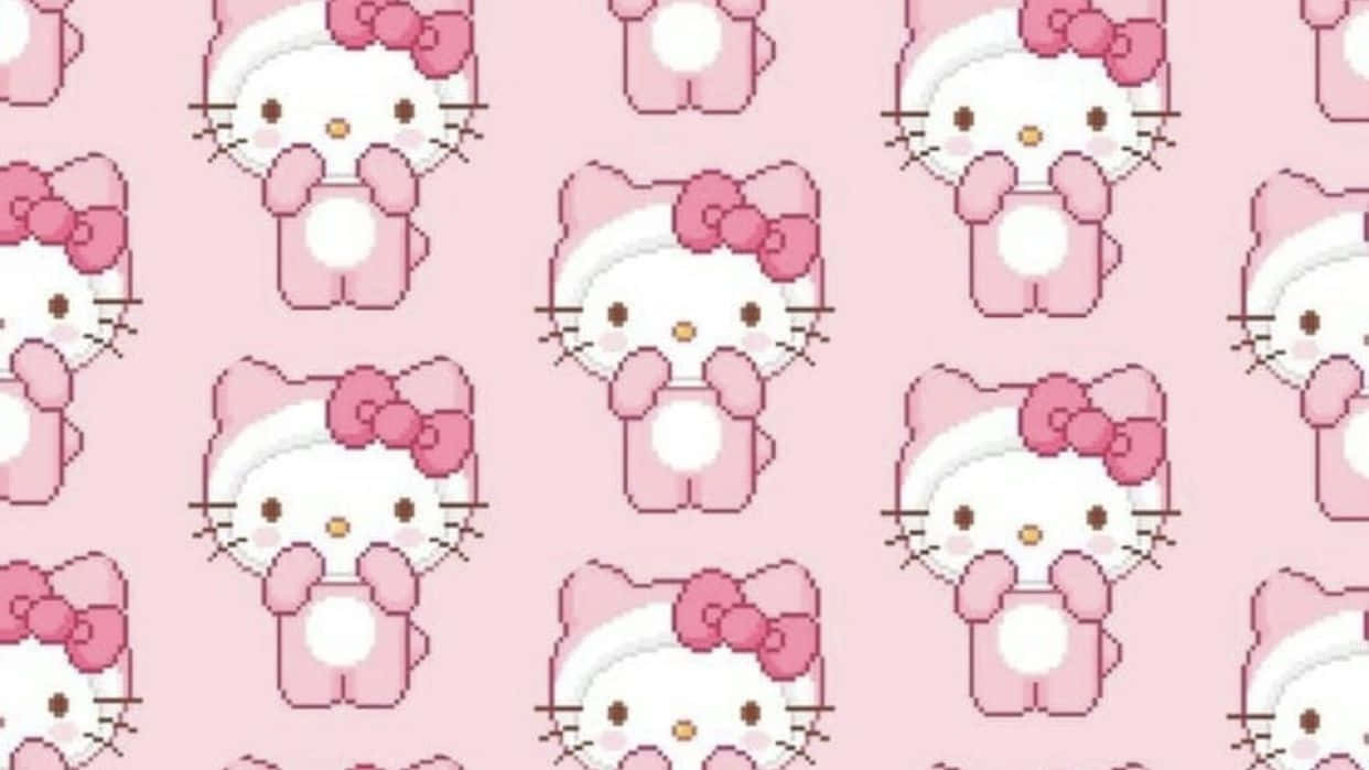 Hello Kitty角色戴蝴蝶結的粉紅色像素藝術圖案。