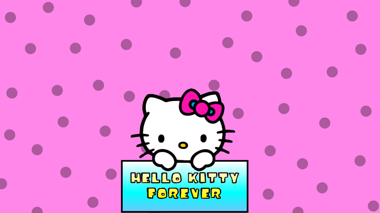Hello Kitty 角色喺粉紅色圓點背景上，喺一個寫住 'Hello Kitty Forever' 嘅標誌牌上面偷睇。