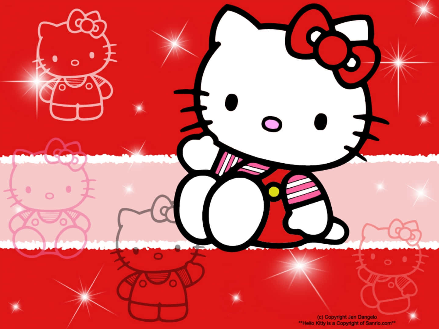 Hello Kitty 在節日紅粉背景中，帶有閃光和自身輪廓版本。