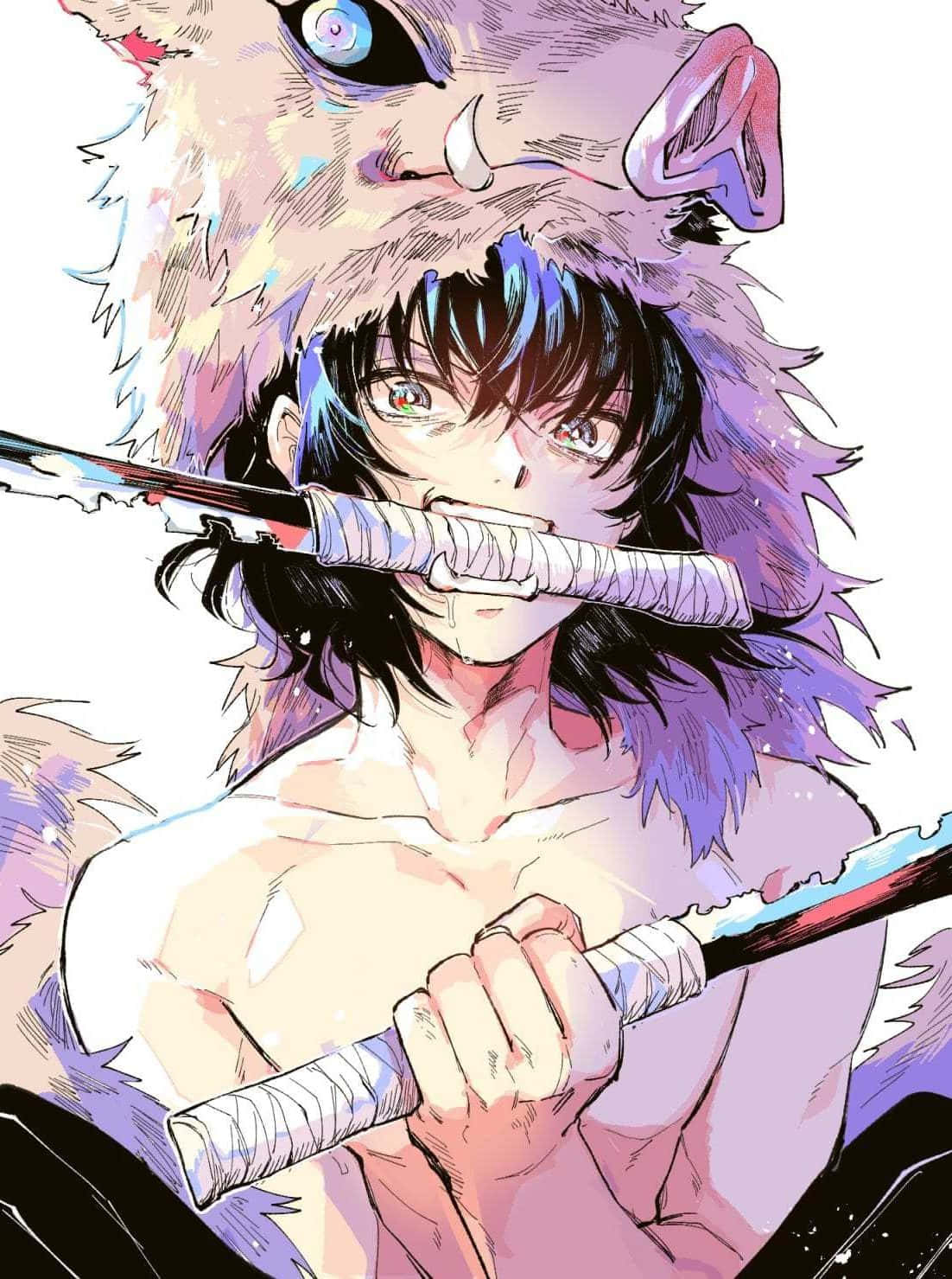 動漫戰士持劍，身後有狼頭惡魔