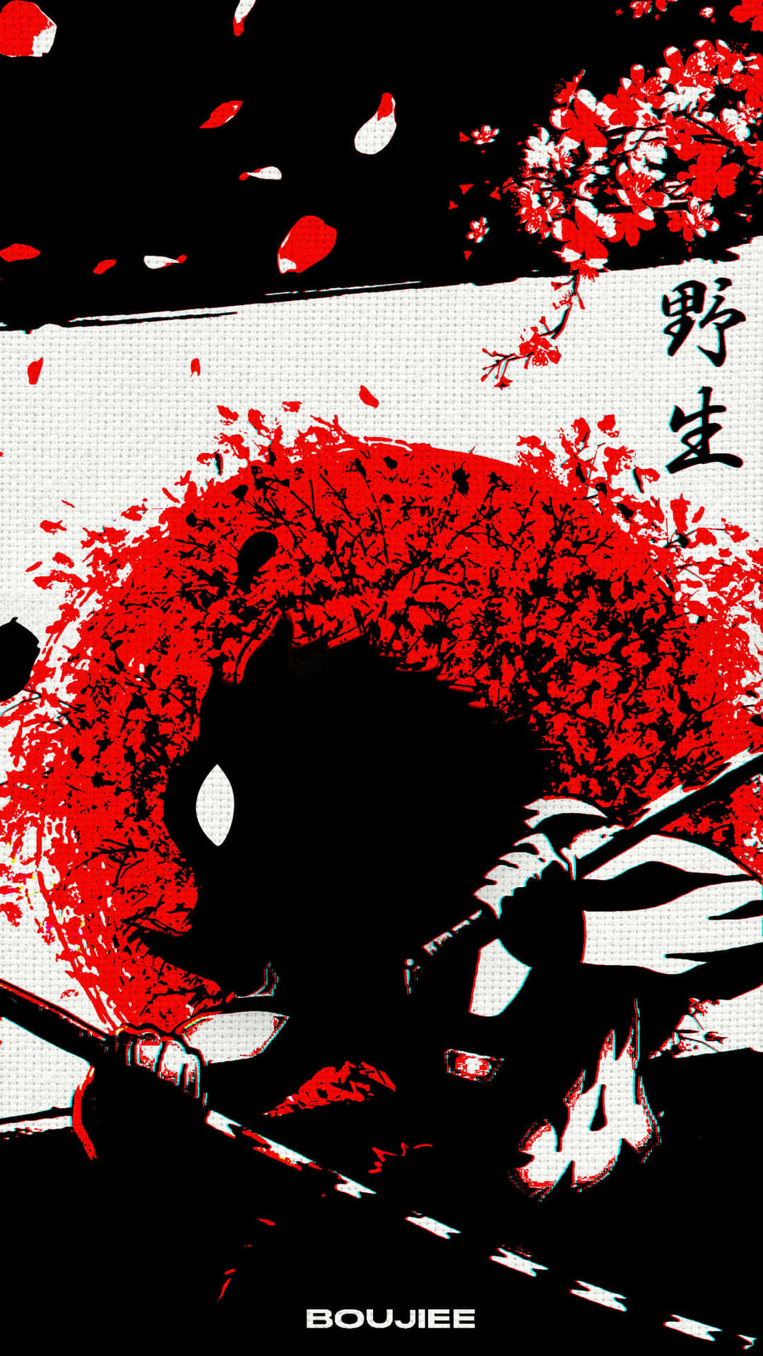 動漫武士戰士剪影在紅色櫻花爆炸中持劍。