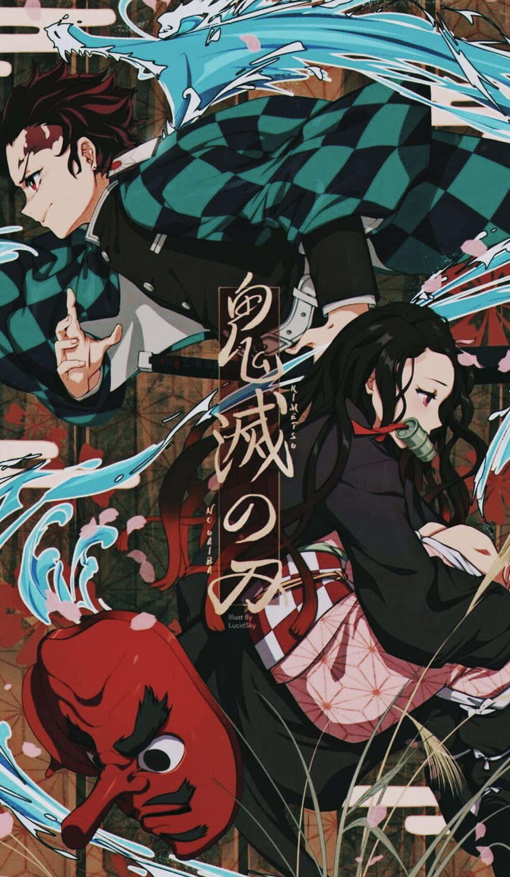 動漫角色以水攻擊和紅色惡魔面具戰鬥。