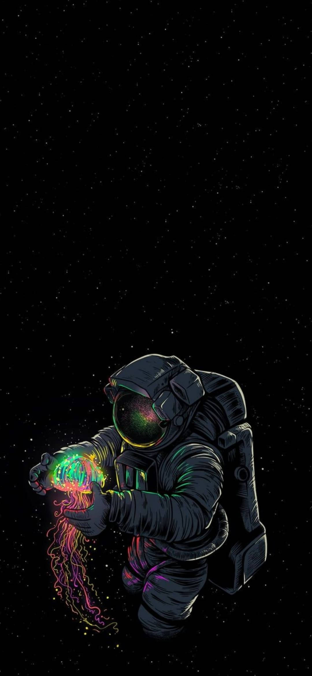 用iPhone展開冒險吧！ 壁紙 — 一位太空人在星空中溫柔地抱著一隻發光的霓虹水母。