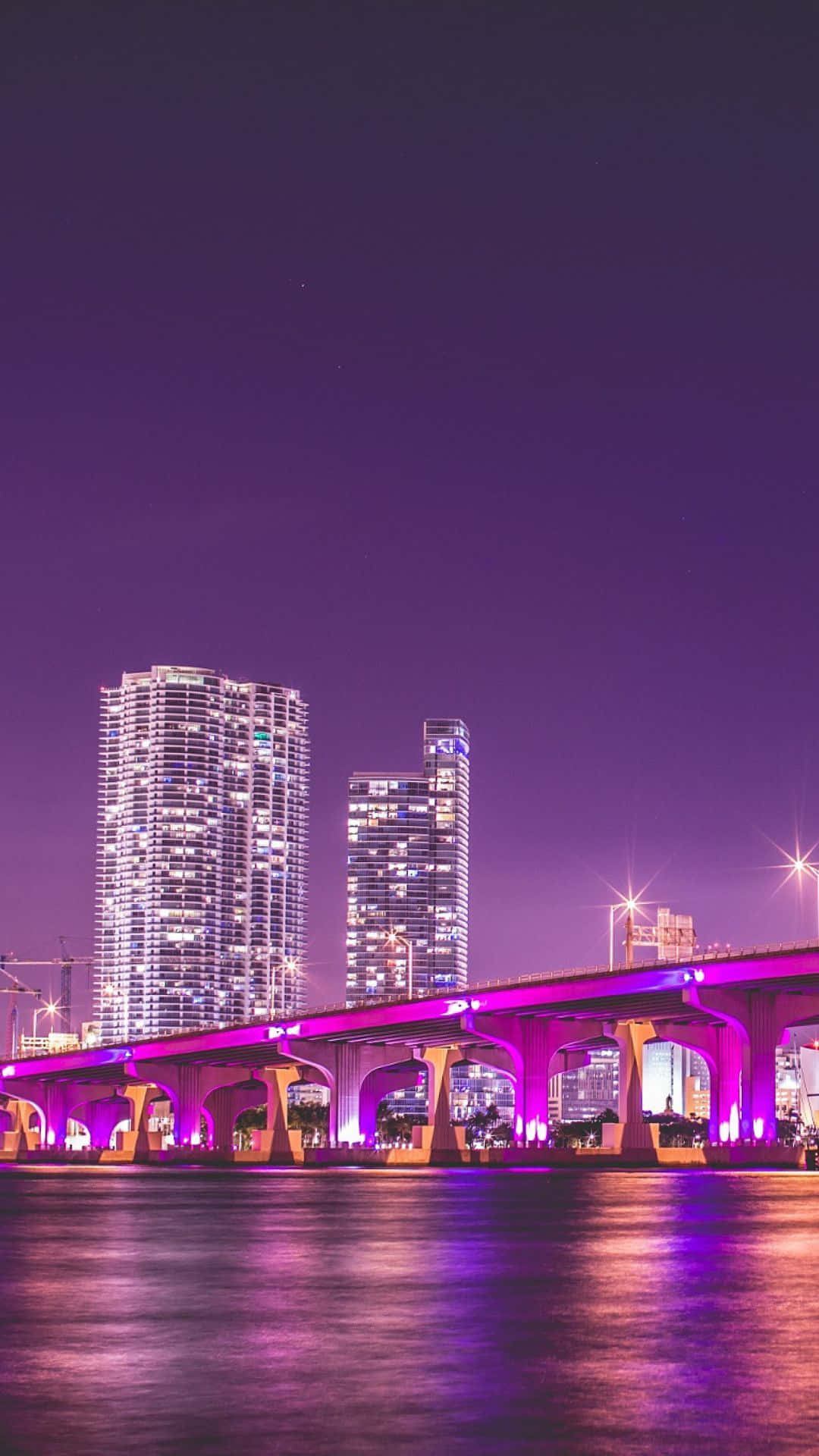 紫色燈光橋樑橫跨水面，夜晚城市天際線