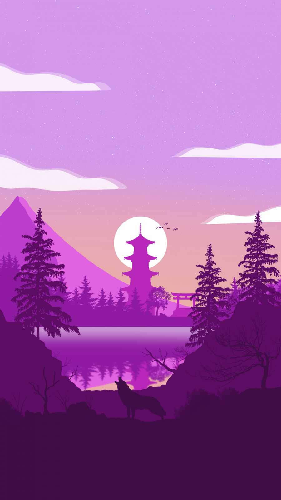 狼在紫色日落時站在湖邊，背景有寶塔和鳥居。