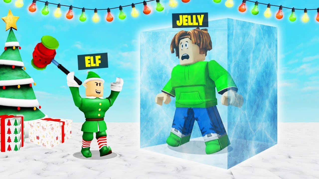 Roblox精靈用鎚子凍結一個果凍頭像，靠近聖誕樹和禮物。