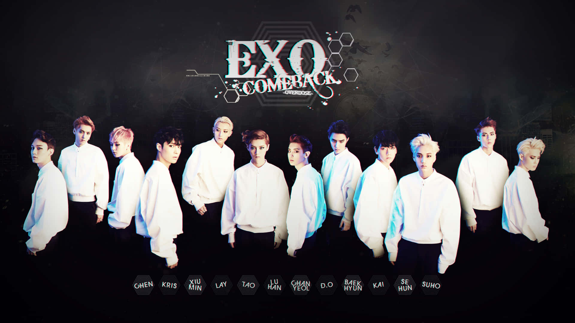 K-pop 組合 EXO 身穿白恤衫為回歸照片擺姿勢。