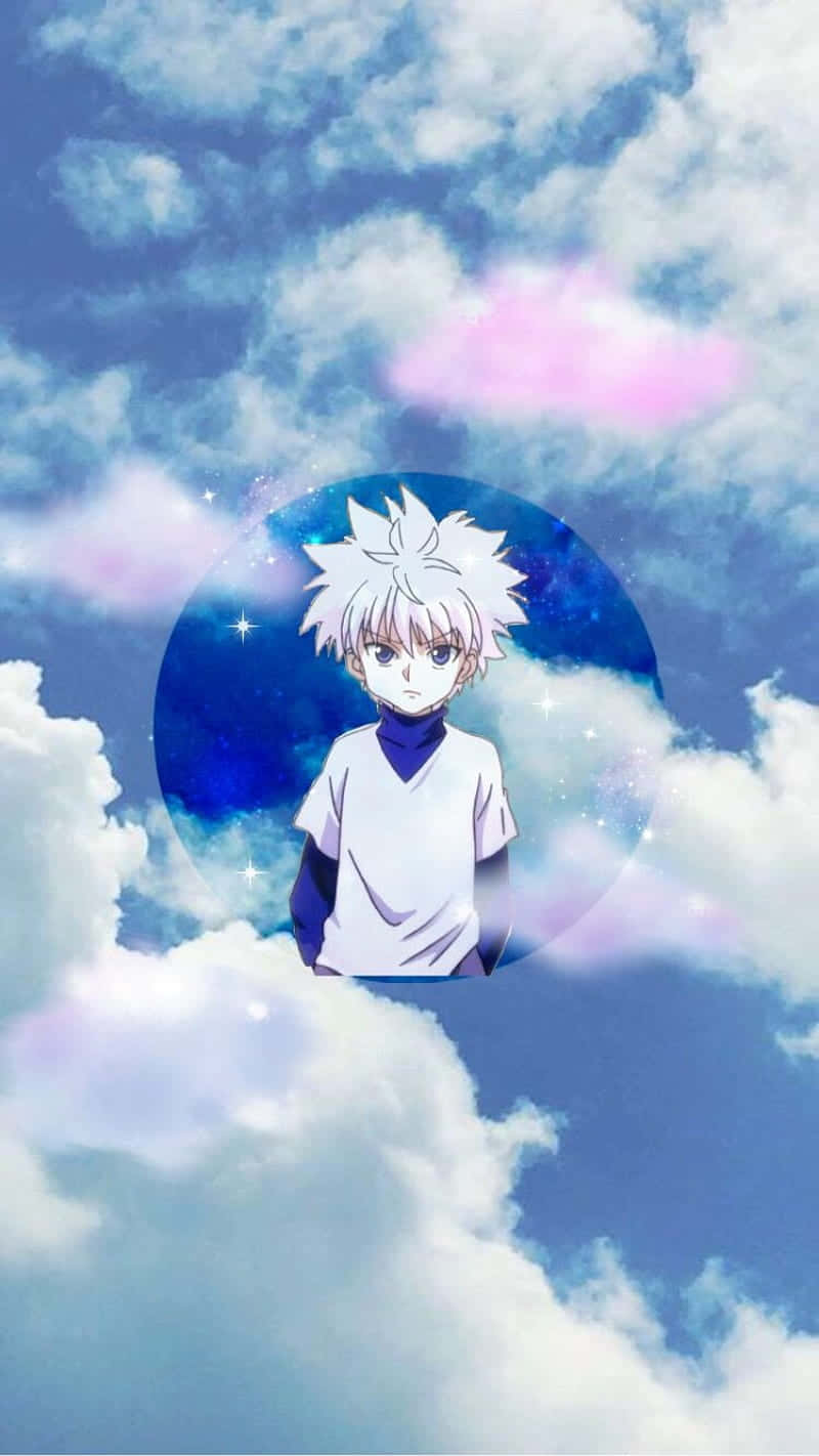 白髮動漫男孩在一個繁星球體中漂浮在雲朵之間。