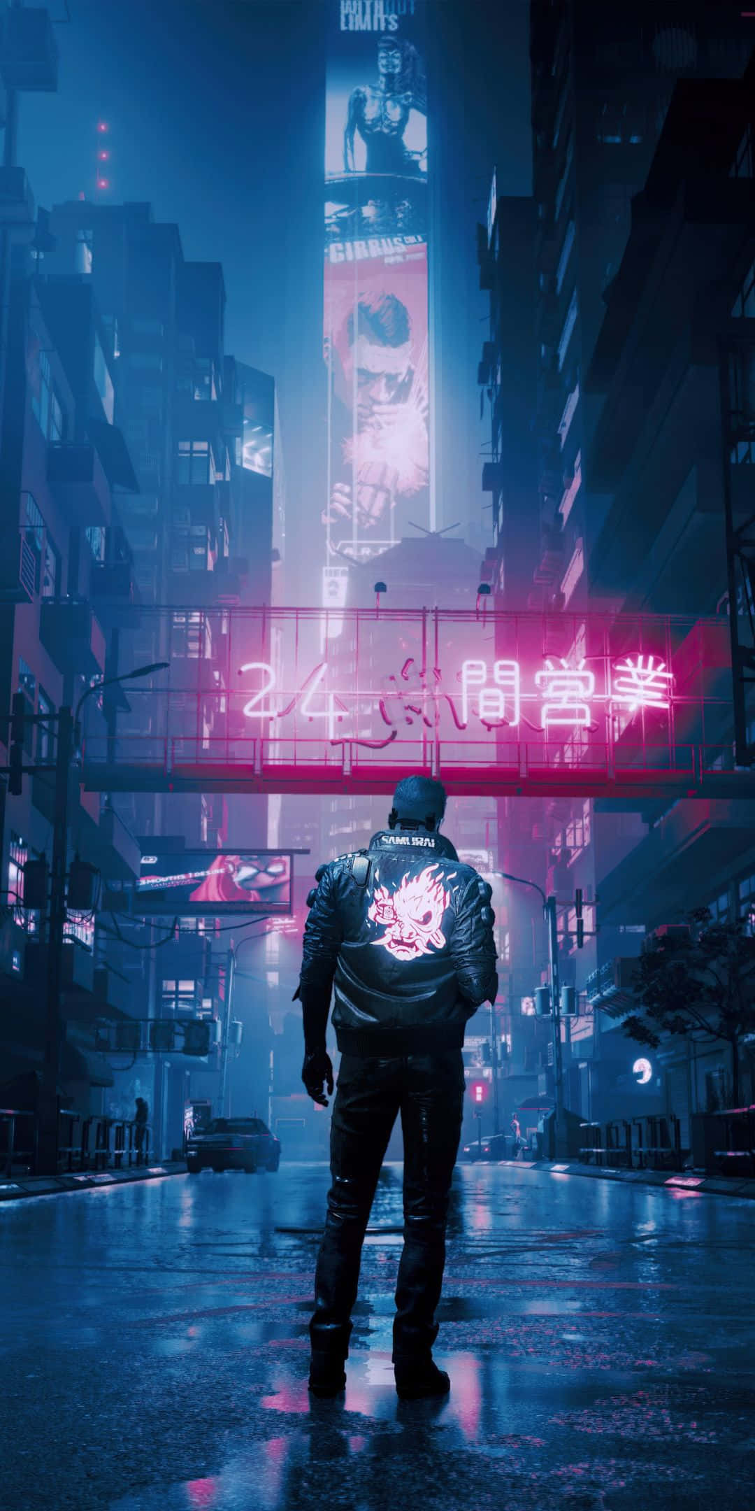 用Pixel 3探索《賽博朋克2077》霓虹都市 壁紙 — 一個穿著皮褸的孤獨身影，站在雨濕的霓虹燈光 cyberpunk 街道上，下方是發光的招牌。