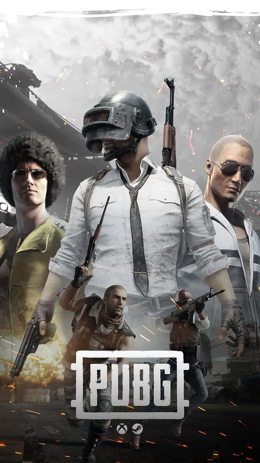 四名身穿戰鬥裝備的武裝玩家在戰區中準備就緒，帶有PUBG標誌。
