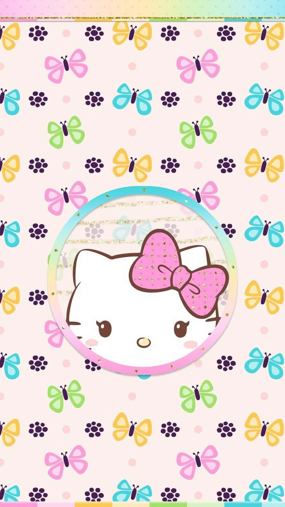 Hello Kitty 粉紅蝴蝶結在彩虹圓圈中，蝴蝶圍繞，柔和背景