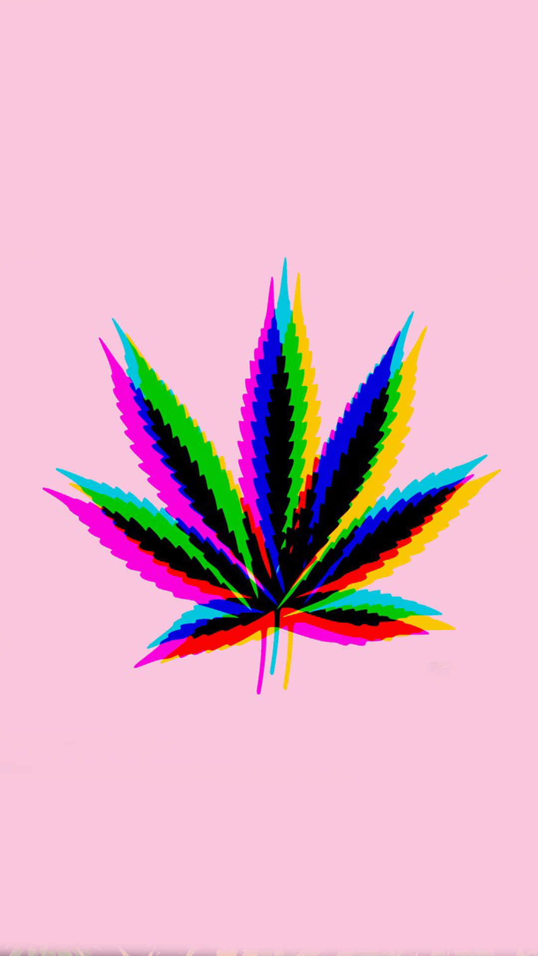 在粉紅色背景上，一片風格化的大麻葉呈現彩虹色調。