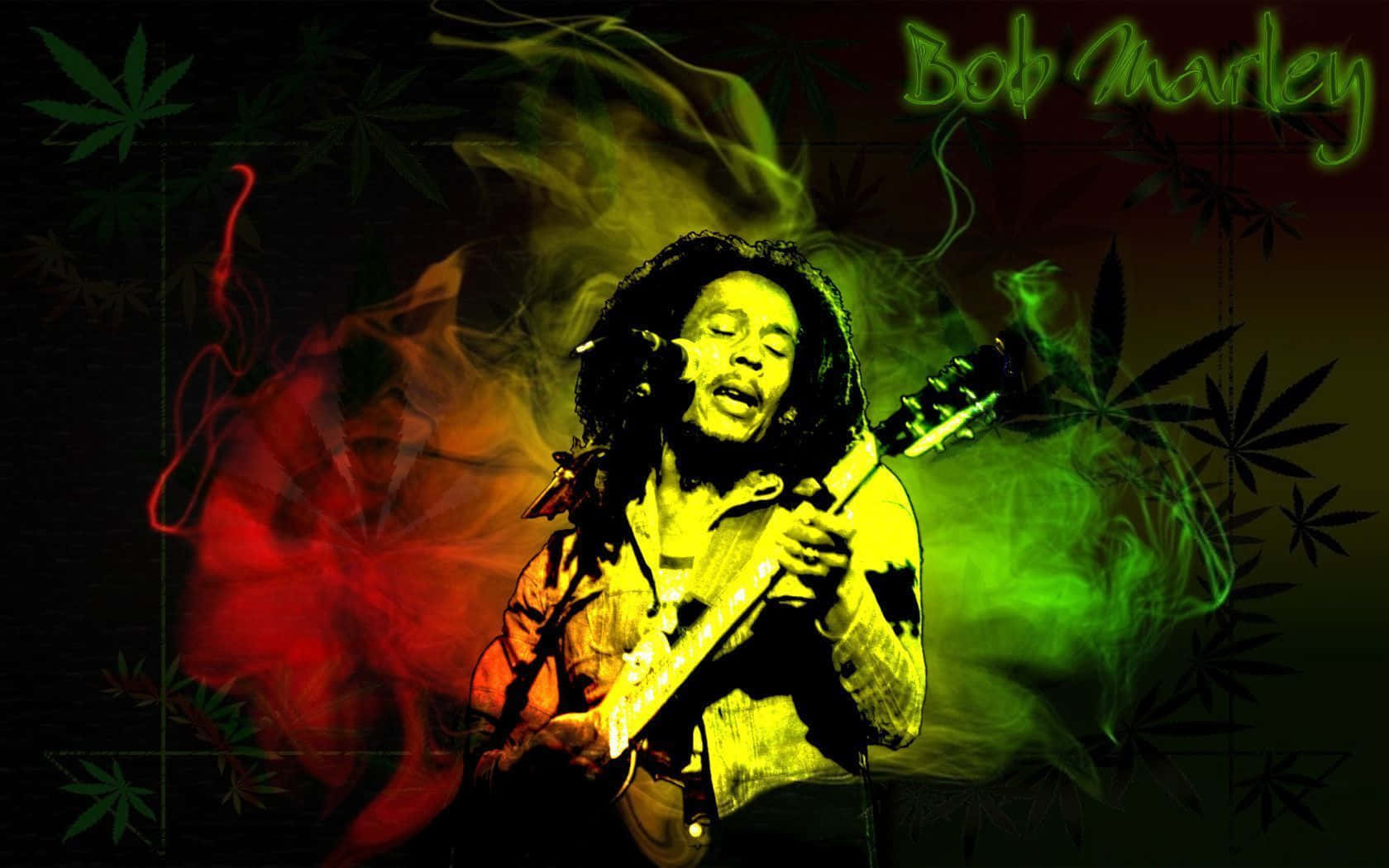 Bob Marley 彈結他，周圍有彩色煙霧和大麻葉。