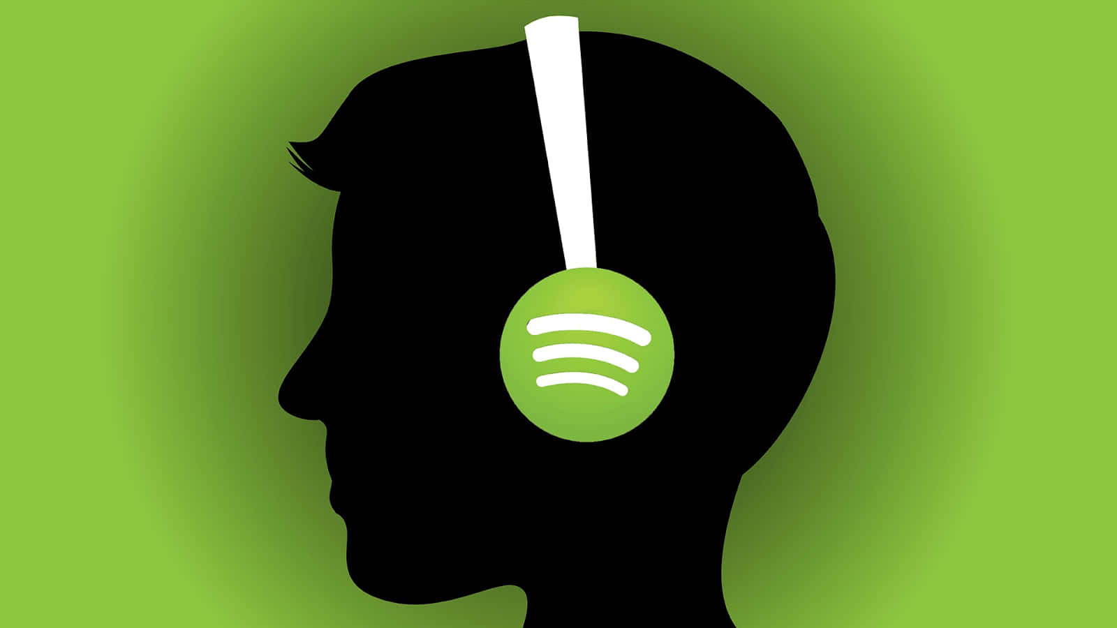 用Spotify享受你最愛的音樂 壁紙 — 一個人戴著耳機的剪影，耳罩上有Spotify標誌，背景是充滿活力的綠色漸變。