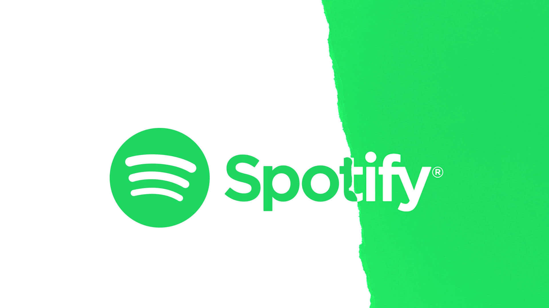 用Spotify享受你的音樂 壁紙 — 綠色和白色的Spotify標誌，帶有撕裂紙張效果將背景分開。